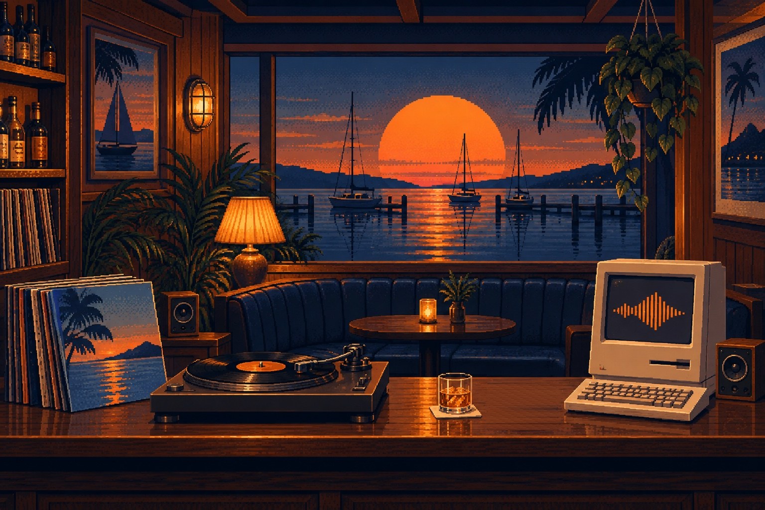 Pixel art of a cozy marina bar with a record player, beige computer, and sailboats at sunset.